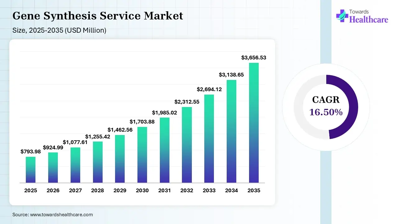Gene Synthesis Service Market Size 2025 - 2035 (USD Billion/Million) Gene Synthesis Service Market Size is USD 924.99 Million in 2026.